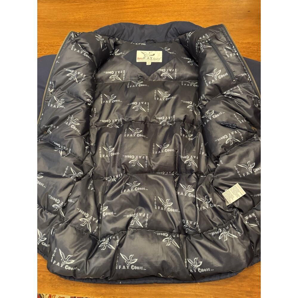 Small Triple FAT Goose Down Filled Vintage Coat Blue Missing Hood F.A.T. - Picture 9 of 14